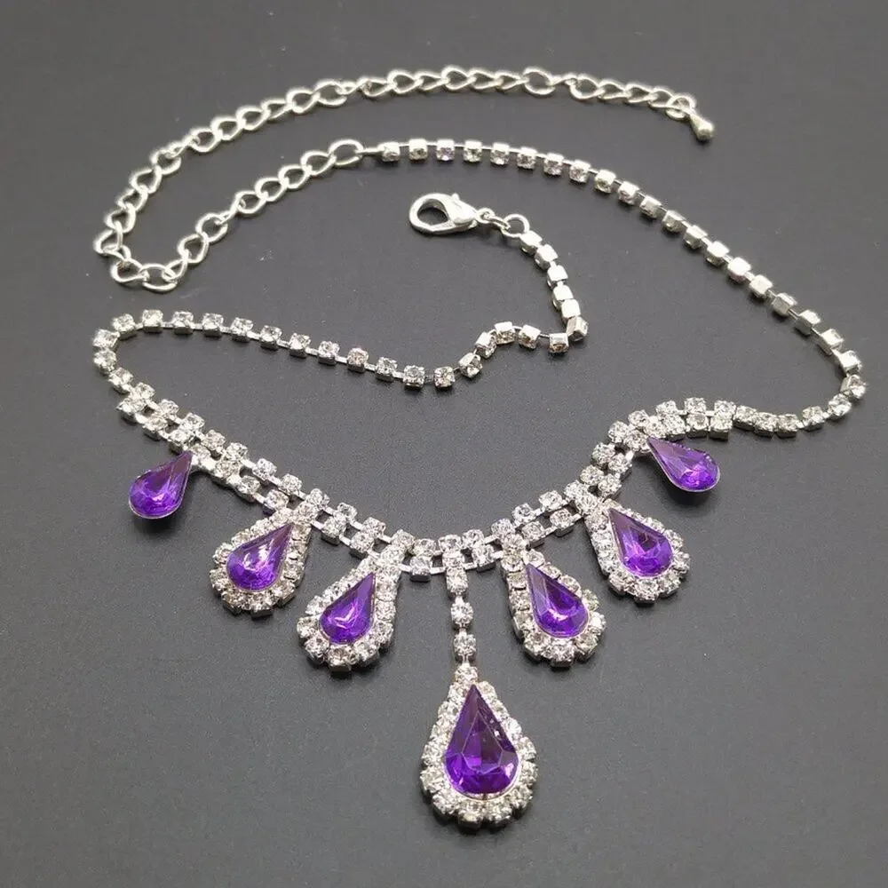 Dangle Purple Clear Rhinestone Necklace, 18 1/2 Inches Adjustable, Formal Choker